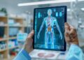In the brightly lit laboratory, a professional is engaged in examining a highly detailed 3D digital model of human anatomy, displayed on a tablet. This innovative tool helps in understanding complex biological structures and systems, facilitating medical education and research. The technology exemplifies the intersection of healthcare and digital advancement, providing a clear and interactive way to study the human body.