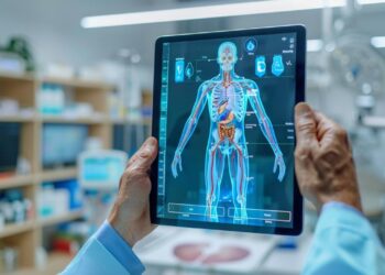 In the brightly lit laboratory, a professional is engaged in examining a highly detailed 3D digital model of human anatomy, displayed on a tablet. This innovative tool helps in understanding complex biological structures and systems, facilitating medical education and research. The technology exemplifies the intersection of healthcare and digital advancement, providing a clear and interactive way to study the human body.