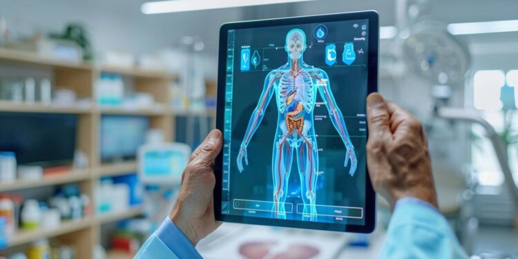 In the brightly lit laboratory, a professional is engaged in examining a highly detailed 3D digital model of human anatomy, displayed on a tablet. This innovative tool helps in understanding complex biological structures and systems, facilitating medical education and research. The technology exemplifies the intersection of healthcare and digital advancement, providing a clear and interactive way to study the human body.