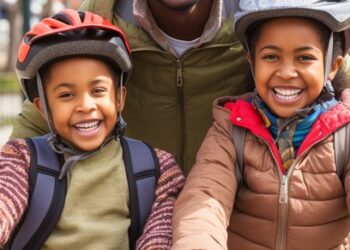Amidst the hustle and bustle of the city, this heartwarming scene unfolds where a father, donning a casual cap and a warm smile, enjoys quality time with his kids during a bike ride. The children, each sporting protective helmets and vibrant winter jackets, clearly share their father's enthusiasm. Their beaming smiles and the close-knit atmosphere suggest a strong bond and the value of family activities. It's a beautiful image that reflects parenting at its best – engaging, safe, and full of joy.