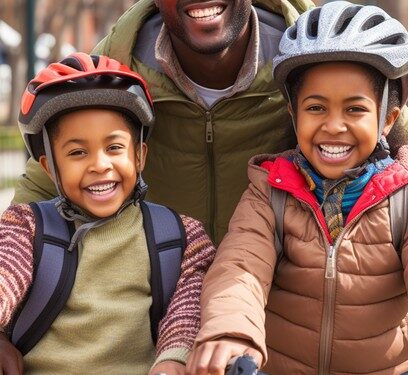 Amidst the hustle and bustle of the city, this heartwarming scene unfolds where a father, donning a casual cap and a warm smile, enjoys quality time with his kids during a bike ride. The children, each sporting protective helmets and vibrant winter jackets, clearly share their father's enthusiasm. Their beaming smiles and the close-knit atmosphere suggest a strong bond and the value of family activities. It's a beautiful image that reflects parenting at its best – engaging, safe, and full of joy.