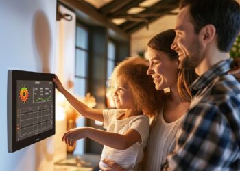In this warm and inviting scene, we see a young family bonding over advanced technology as they interact with a smart home device. A mother, father, and their child are gathered in a cozy, well-lit room, with smiles on their faces, clearly enjoying the ease and convenience of controlling their home environment with just a few taps. The smart home system appears user-friendly, drawing the family closer through shared moments of modern living.