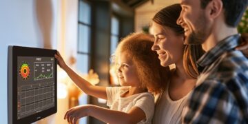 In this warm and inviting scene, we see a young family bonding over advanced technology as they interact with a smart home device. A mother, father, and their child are gathered in a cozy, well-lit room, with smiles on their faces, clearly enjoying the ease and convenience of controlling their home environment with just a few taps. The smart home system appears user-friendly, drawing the family closer through shared moments of modern living.