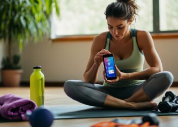 In the tranquil setting of her home gym, a woman takes a moment to sit cross-legged on her yoga mat. Surrounded by fitness equipment like dumbbells, a kettlebell, and a water bottle, she focuses intently on her smartphone. She is likely engaged in selecting a new workout routine or setting fitness goals using a specialized fitness app. The atmosphere suggests a dedication to personal health and wellness, combining technology with traditional exercise tools.