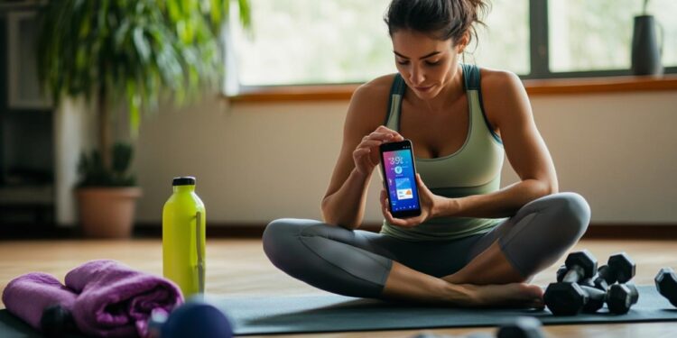 In the tranquil setting of her home gym, a woman takes a moment to sit cross-legged on her yoga mat. Surrounded by fitness equipment like dumbbells, a kettlebell, and a water bottle, she focuses intently on her smartphone. She is likely engaged in selecting a new workout routine or setting fitness goals using a specialized fitness app. The atmosphere suggests a dedication to personal health and wellness, combining technology with traditional exercise tools.
