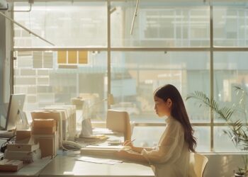 The photograph captures a serene view of a woman deeply absorbed in her work at an office desk. The room is bathed in the warm glow of the morning sun, filtering through large windows, creating an atmosphere of calm and productivity. The setting suggests a modern workplace where the focus and dedication of individuals contribute to their professional pursuits.