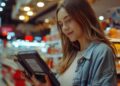 In the aisles of a modern grocery store, a young woman with a gentle smile engages with technology to enhance her shopping experience. Clad in a casual denim jacket, she holds a tablet in her hands, thoughtfully navigating through digital content. The warm glow from the store's lighting illuminates her focused expression, highlighting the integration of digital tools into everyday tasks like selecting the best deals and managing a shopping list efficiently among the colorful backdrop of products.