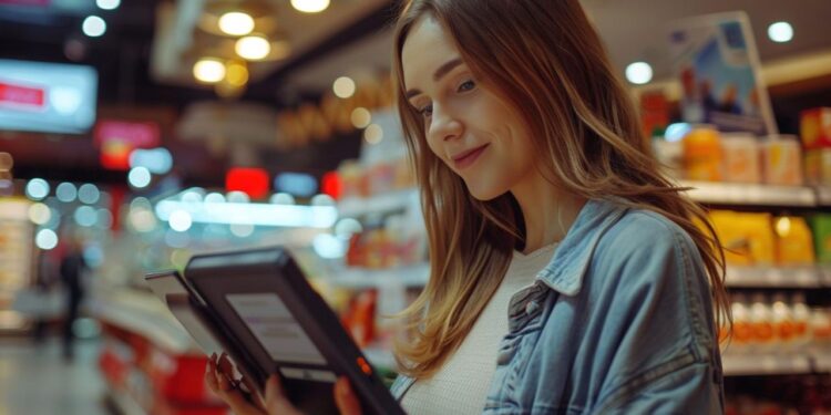 In the aisles of a modern grocery store, a young woman with a gentle smile engages with technology to enhance her shopping experience. Clad in a casual denim jacket, she holds a tablet in her hands, thoughtfully navigating through digital content. The warm glow from the store's lighting illuminates her focused expression, highlighting the integration of digital tools into everyday tasks like selecting the best deals and managing a shopping list efficiently among the colorful backdrop of products.