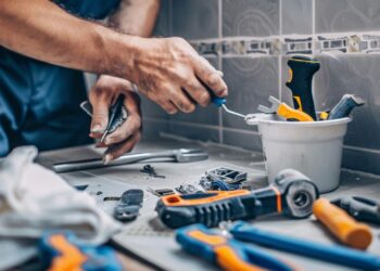 In this photo, a handyman is captured in the middle of a meticulous home improvement task, demonstrating precision and skill. Surrounded by an assortment of tools ranging from wrenches to screwdrivers, his focus is on repairing or installing components essential for the project. The cluttered yet organized workspace reflects the complexity and nature of his work, emphasizing a professional who is well-versed in managing multiple aspects of construction and maintenance efficiently.