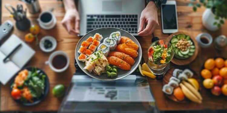 In the midst of a bustling workday, a professional sits at a cluttered desk adorned with various digital devices and personal items, indulging in a nutritious and visually appealing meal. The lunch features an assortment of sushi, including nigiri and rolls, accompanied by a fresh salad and a selection of fruits, showcasing a balance between indulgence and health. This setting illustrates the modern blend of work and wellbeing, where productivity meets self-care.