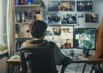 In this intimate view of a home office, a young professional is deeply focused on their work, surrounded by a carefully set up environment engineered for productivity. The room is well-lit and cozy, equipped with multiple monitors that display various applications and tools crucial for daily tasks. Plants add a touch of nature and freshness to the space, enhancing the serene and motivational atmosphere necessary for effective remote work.