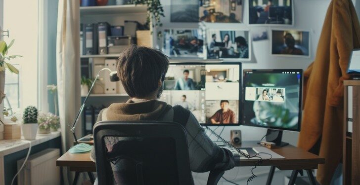 In this intimate view of a home office, a young professional is deeply focused on their work, surrounded by a carefully set up environment engineered for productivity. The room is well-lit and cozy, equipped with multiple monitors that display various applications and tools crucial for daily tasks. Plants add a touch of nature and freshness to the space, enhancing the serene and motivational atmosphere necessary for effective remote work.