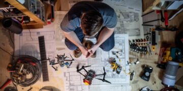 This image captures a top-down view of an inventive individual deeply engrossed in assembling or repairing electronic devices in a workshop. The workspace is strewn with various tools, electronic components, and schematics, reflecting a scene of creative chaos. The presence of soldering equipment, drone parts, and multiple projects in mid-construction suggests a blend of engineering prowess and a passion for technology. This vibrant depiction highlights the intense focus and intricate details involved in the technical crafting process.