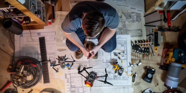 This image captures a top-down view of an inventive individual deeply engrossed in assembling or repairing electronic devices in a workshop. The workspace is strewn with various tools, electronic components, and schematics, reflecting a scene of creative chaos. The presence of soldering equipment, drone parts, and multiple projects in mid-construction suggests a blend of engineering prowess and a passion for technology. This vibrant depiction highlights the intense focus and intricate details involved in the technical crafting process.