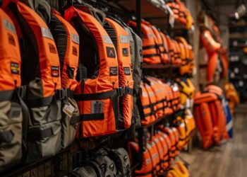 This photograph showcases a well-organized retail setting, with a focus on safety gear. Numerous orange life jackets, essential for aquatic activities, are displayed prominently on the shelves, ensuring easy access and visibility for customers. The strategic arrangement within the store emphasizes the importance of safety on the water, and provides a variety of options for adventurers and families preparing for their next nautical excursion.