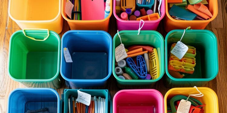 A top-down view of vibrantly colored storage bins neatly positioned on a polished wooden floor. Each bin is filled with an assortment of school supplies, showcasing a methodical approach to organization. From art supplies to notebooks and writing instruments, the array of items is meticulously sorted by category, making it easy to find what's needed. The image exudes a sense of order and preparedness, ideal for a classroom or a home study area.