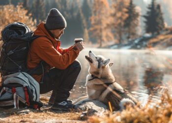 As the morning mist dances gently above the lake, a hiker finds solace in the tranquility of nature. Seated on the autumn-kissed ground, the traveler, clad in a warm jacket and beanie, shares a peaceful moment with his faithful canine companion. With a steaming cup in hand, he basks in the serene atmosphere, the bond between man and dog perfectly encapsulated against the stunning backdrop of the wilderness.