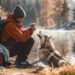 As the morning mist dances gently above the lake, a hiker finds solace in the tranquility of nature. Seated on the autumn-kissed ground, the traveler, clad in a warm jacket and beanie, shares a peaceful moment with his faithful canine companion. With a steaming cup in hand, he basks in the serene atmosphere, the bond between man and dog perfectly encapsulated against the stunning backdrop of the wilderness.