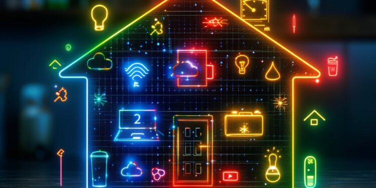 This vibrant image showcases a dazzling neon outline of a house filled with symbols indicative of cutting-edge smart home technology. Each icon brightly illuminated and hovering in space, represents a different aspect of home automation and interconnected devices, from climate control and energy efficiency to security and entertainment systems. The neon glow against the dark contrast evokes a sense of modernity and the advancement of technology within the domestic sphere, illustrating the seamless integration of convenience and control in the smart homes of the future.