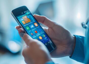 In this photo, we have a close-up view of an individual's hands holding a smartphone, actively engaging with a colorful screen filled with various mobile applications. The person is likely navigating through the device's interface, possibly checking emails, browsing the web, or interacting with social media platforms. The smartphone's display is brightly lit, showcasing the vibrant icons of apps that signify connectivity and the digital era we live in.