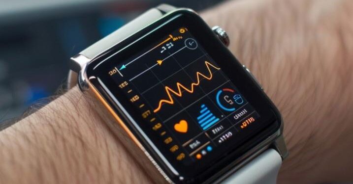 This image captures the convenience of modern technology with a close-up shot of a sophisticated smartwatch worn on a wrist. The smartwatch screen brightly displays a health tracking interface, indicating a focus on fitness and wellbeing. The wearer likely values staying informed about their physical health, with metrics such as heart rate prominently shown. The blurred background suggests a busy lifestyle, possibly within an urban environment, where such gadgets are indispensable tools for managing life's daily demands.