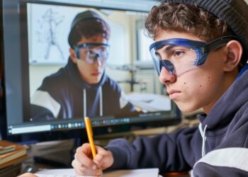 In this image, a young male student is seen deeply absorbed in his studies. He is seated at a desk with a pencil in hand, working on his notes while looking intently at a computer screen displaying the image of another person wearing protective goggles. This suggests he might be involved in an online educational workshop or a science class. His expression, coupled with the educational setting, highlights the importance of digital learning tools in enhancing student engagement and learning outcomes.