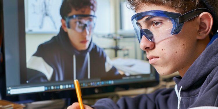 In this image, a young male student is seen deeply absorbed in his studies. He is seated at a desk with a pencil in hand, working on his notes while looking intently at a computer screen displaying the image of another person wearing protective goggles. This suggests he might be involved in an online educational workshop or a science class. His expression, coupled with the educational setting, highlights the importance of digital learning tools in enhancing student engagement and learning outcomes.