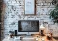 This photo captures a beautifully arranged home office set in a cozy room with exposed brick walls adding a touch of urban chic. A modern desktop computer sits prominently on a wooden desk, surrounded by various office essentials including a white lamp, notebooks, and stationery. The space is further enhanced by stylish decor items such as a framed poster, potted plants, and personal items, creating an inspiring environment for work and creativity.