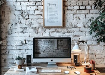 This photo captures a beautifully arranged home office set in a cozy room with exposed brick walls adding a touch of urban chic. A modern desktop computer sits prominently on a wooden desk, surrounded by various office essentials including a white lamp, notebooks, and stationery. The space is further enhanced by stylish decor items such as a framed poster, potted plants, and personal items, creating an inspiring environment for work and creativity.