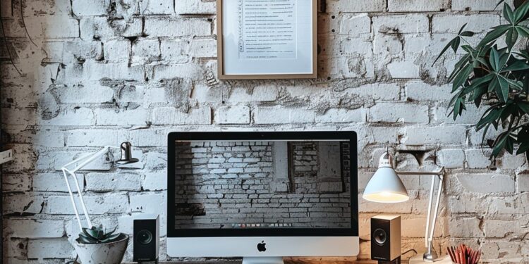This photo captures a beautifully arranged home office set in a cozy room with exposed brick walls adding a touch of urban chic. A modern desktop computer sits prominently on a wooden desk, surrounded by various office essentials including a white lamp, notebooks, and stationery. The space is further enhanced by stylish decor items such as a framed poster, potted plants, and personal items, creating an inspiring environment for work and creativity.