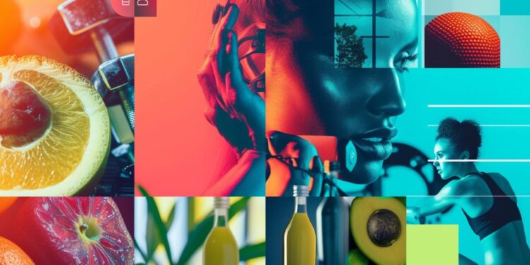 This collage represents a tapestry of modern life, integrating the dynamic aspects of daily routines and personal care. The central figure, a face that blends technology and humanity, suggests a harmony between our digital existence and natural self. Surrounding images of fresh fruit signify a focus on health and nutrition, while fitness scenes advocate for physical activity and wellness. Technological gadgets indicate the ever-present role of innovation in our lives. The various elements combine to depict a holistic approach to life, where health, technology, and wellbeing coalesce to form the picture of a contemporary individual who values balance and vibrancy in their daily endeavors.